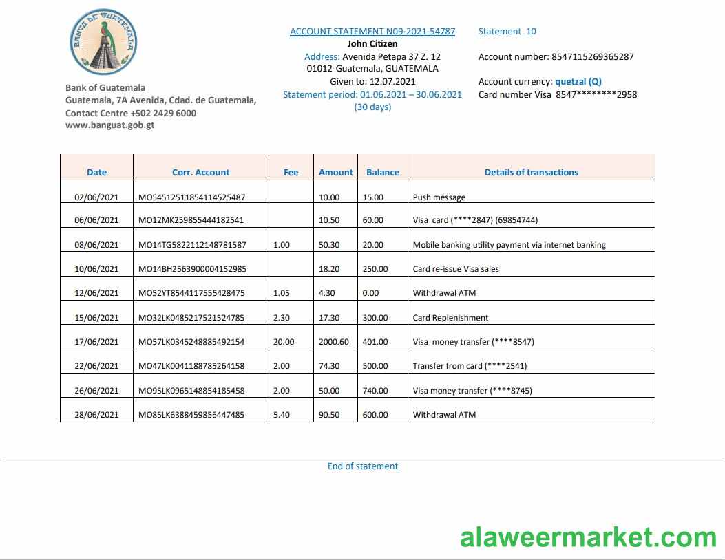 Guatemala Banco de Guatemala bank statement